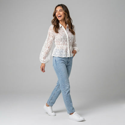 Professional e-commerce fashion photography — create a realistic product-on-model shot using the provided reference images. You are given 2 images: image 1 = product reference, image 2 = model reference. Dress the model from the second image in the product from the first image. The product must be physically placed on the model's body — worn naturally with correct fit, draping, and proportions as it would appear in real life. The product is the hero of the shot and must be clearly visible, prominently displ