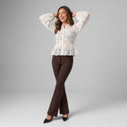 Professional e-commerce fashion photography — create a realistic product-on-model shot using the provided reference images. You are given 2 images: image 1 = product reference, image 2 = model reference. Dress the model from the second image in the product from the first image. The product must be physically placed on the model's body — worn naturally with correct fit, draping, and proportions as it would appear in real life. The product is the hero of the shot and must be clearly visible, prominently displ