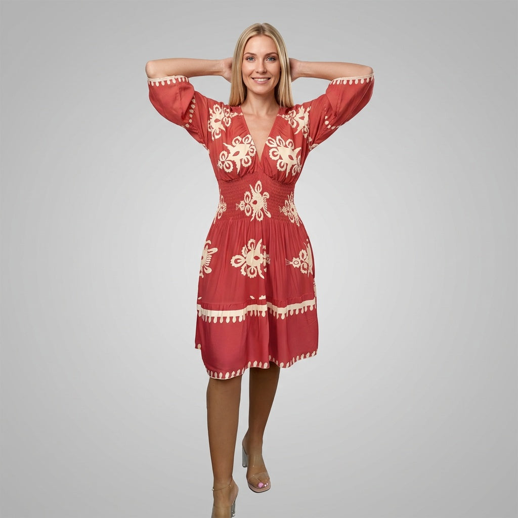 Professional e-commerce fashion photography — create a realistic product-on-model shot using the provided reference images. You are given 2 images: image 1 = product reference, image 2 = model reference. Dress the model from the second image in the product from the first image. The product must be physically placed on the model's body — worn naturally with correct fit, draping, and proportions as it would appear in real life. The product is the hero of the shot and must be clearly visible, prominently displ