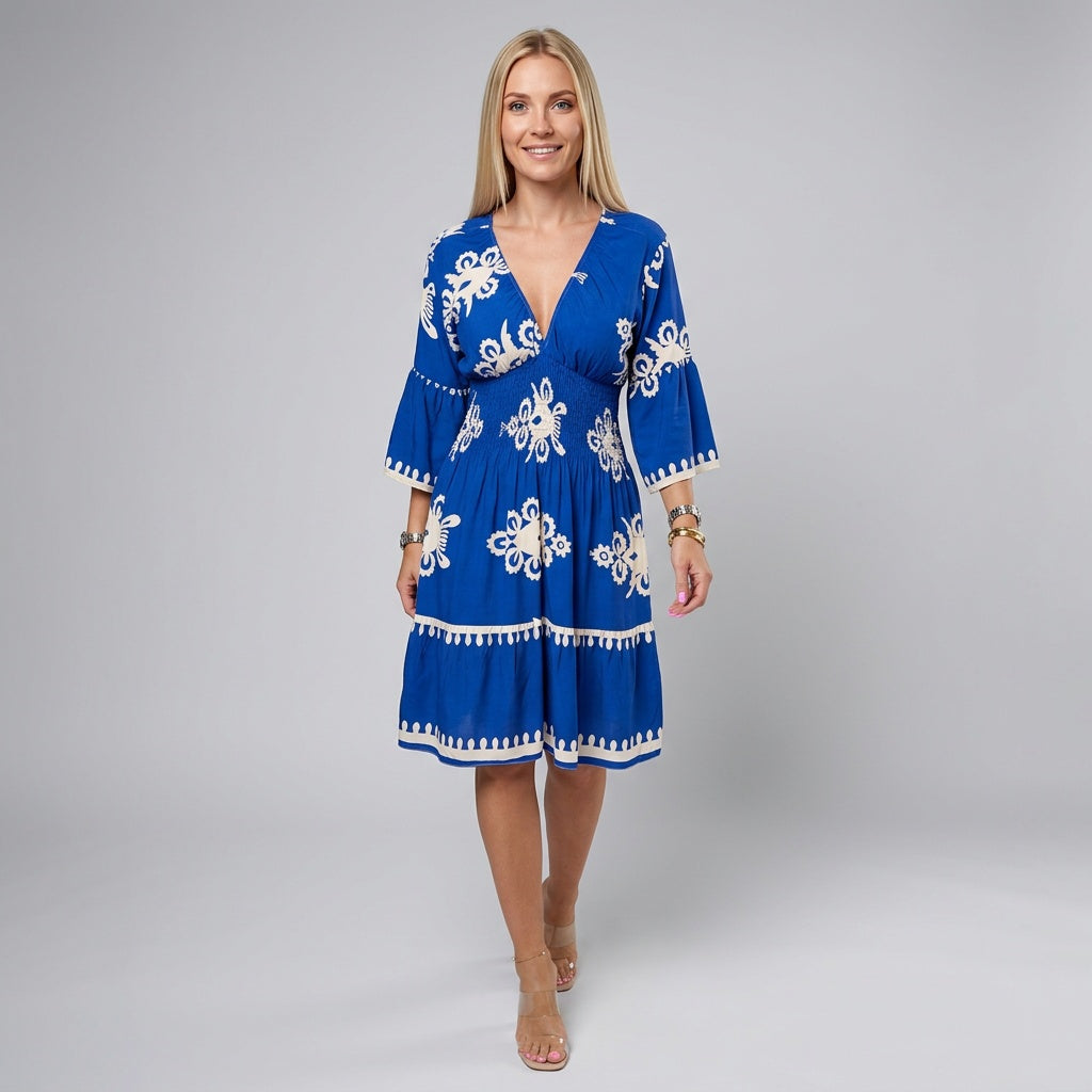 Professional e-commerce fashion photography — create a realistic product-on-model shot using the provided reference images. You are given 2 images: image 1 = product reference, image 2 = model reference. Dress the model from the second image in the product from the first image. The product must be physically placed on the model's body — worn naturally with correct fit, draping, and proportions as it would appear in real life. The product is the hero of the shot and must be clearly visible, prominently displ