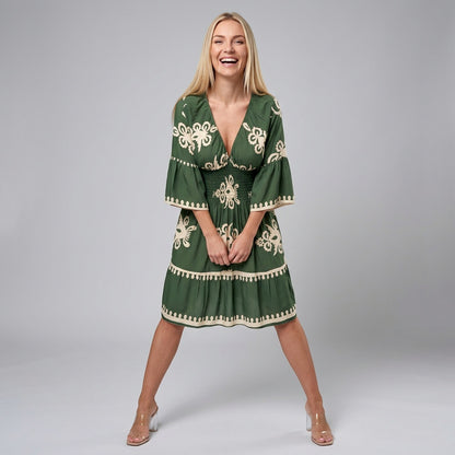 Professional e-commerce fashion photography — create a realistic product-on-model shot using the provided reference images. You are given 2 images: image 1 = product reference, image 2 = model reference. Dress the model from the second image in the product from the first image. The product must be physically placed on the model's body — worn naturally with correct fit, draping, and proportions as it would appear in real life. The product is the hero of the shot and must be clearly visible, prominently displ