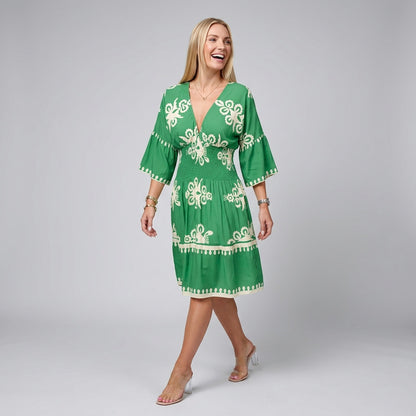 Professional e-commerce fashion photography — create a realistic product-on-model shot using the provided reference images. You are given 2 images: image 1 = product reference, image 2 = model reference. Dress the model from the second image in the product from the first image. The product must be physically placed on the model's body — worn naturally with correct fit, draping, and proportions as it would appear in real life. The product is the hero of the shot and must be clearly visible, prominently displ