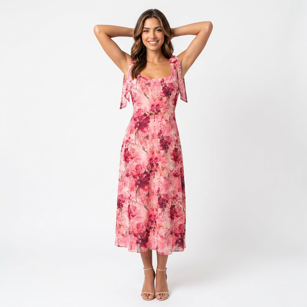 Professional e-commerce fashion photography — create a realistic product-on-model shot using the provided reference images. You are given 2 images: image 1 = product reference, image 2 = model reference. Dress the model from the second image in the product from the first image. The product must be physically placed on the model's body — worn naturally with correct fit, draping, and proportions as it would appear in real life. The product is the hero of the shot and must be clearly visible, prominently displ