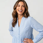 Professional e-commerce fashion photography — create a realistic product-on-model shot using the provided reference images. You are given 5 images: image 1 = product reference, image 2 = product reference, image 3 = product reference, image 4 = product reference, image 5 = model reference. Dress the model from the fifth image in the product from the product images (images 1, 2, 3, 4). The product must be physically placed on the model's body — worn naturally with correct fit, draping, and proportions as it