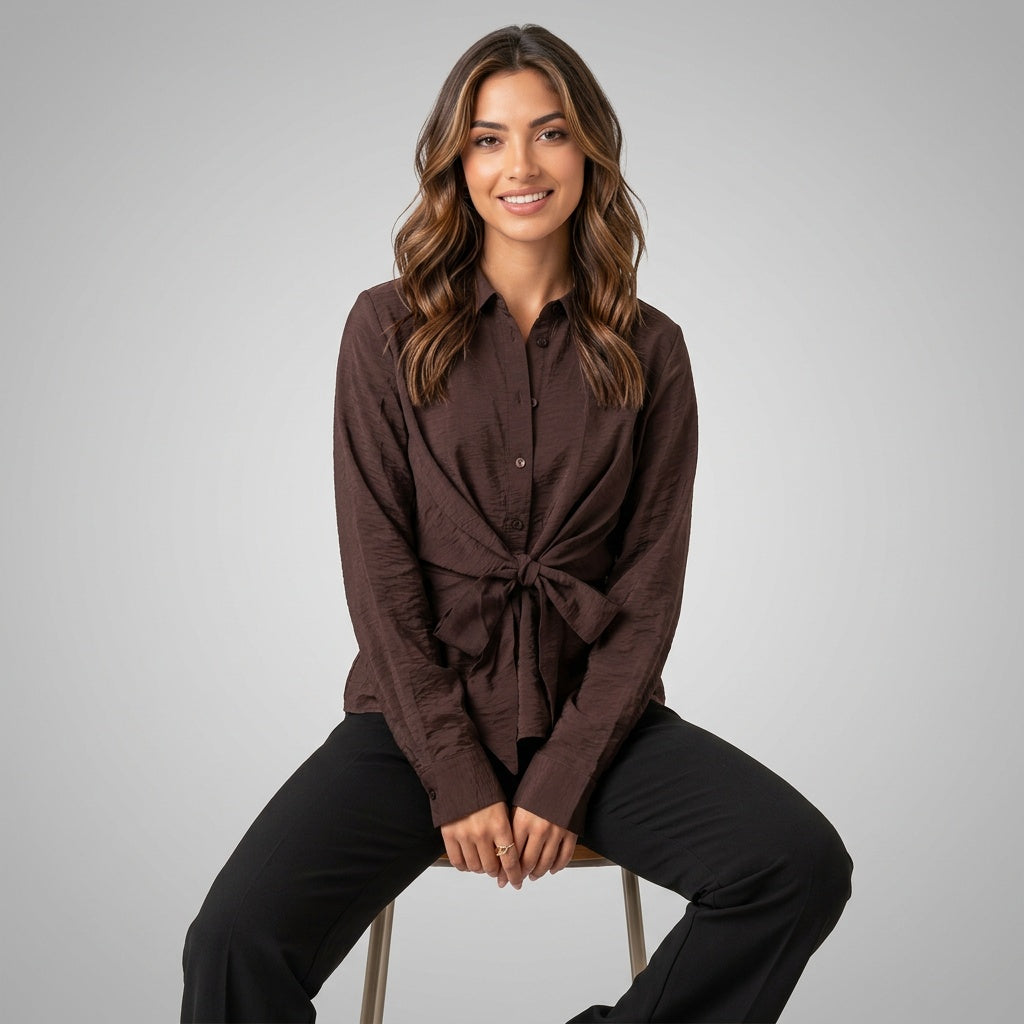 Professional e-commerce fashion photography — create a realistic product-on-model shot using the provided reference images. You are given 5 images: image 1 = product reference, image 2 = product reference, image 3 = product reference, image 4 = product reference, image 5 = model reference. Dress the model from the fifth image in the product from the product images (images 1, 2, 3, 4). The product must be physically placed on the model's body — worn naturally with correct fit, draping, and proportions as it