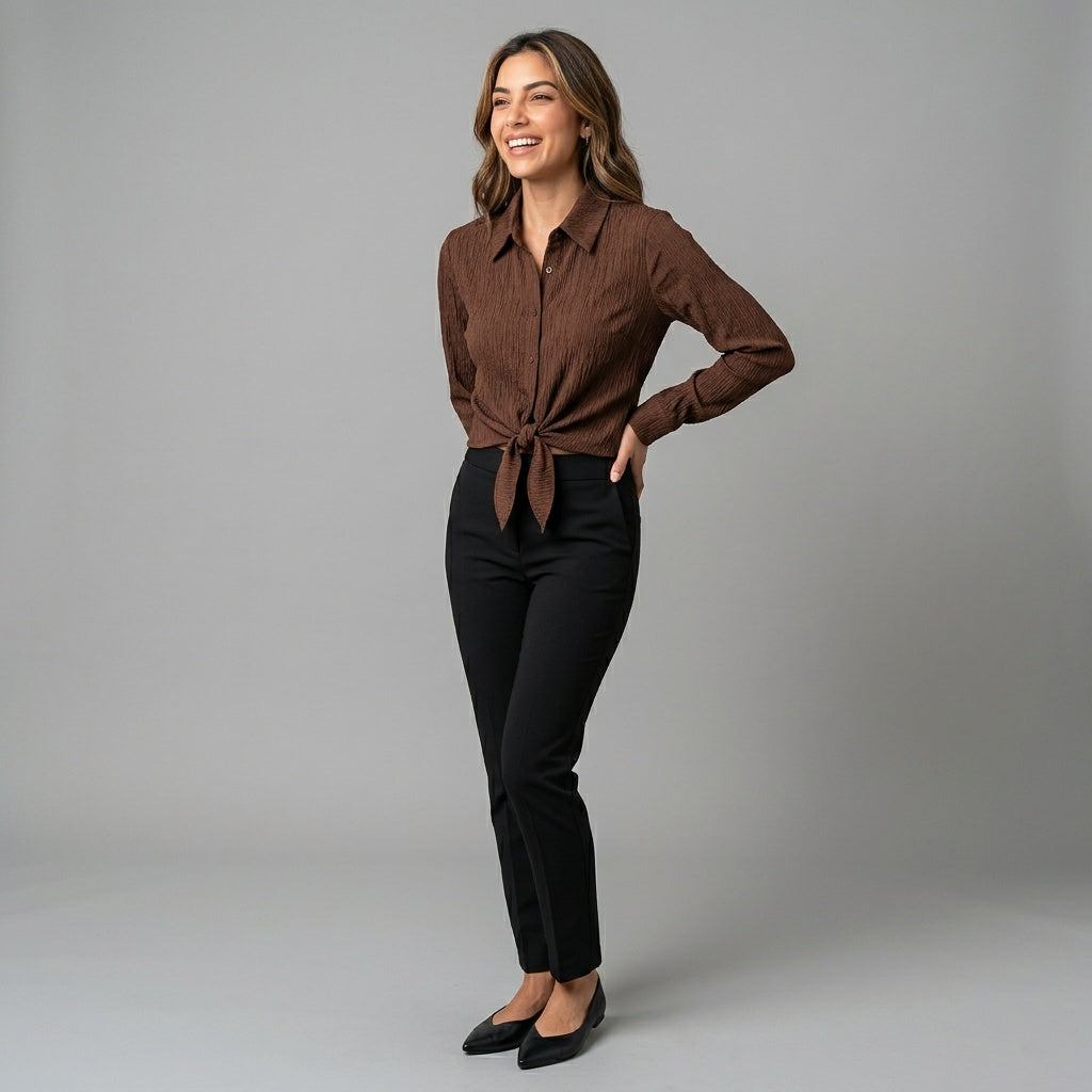 Professional e-commerce fashion photography — create a realistic product-on-model shot using the provided reference images. You are given 5 images: image 1 = product reference, image 2 = product reference, image 3 = product reference, image 4 = product reference, image 5 = model reference. Dress the model from the fifth image in the product from the product images (images 1, 2, 3, 4). The product must be physically placed on the model's body — worn naturally with correct fit, draping, and proportions as it