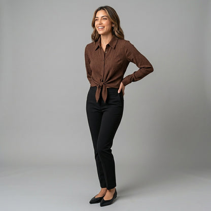 Professional e-commerce fashion photography — create a realistic product-on-model shot using the provided reference images. You are given 5 images: image 1 = product reference, image 2 = product reference, image 3 = product reference, image 4 = product reference, image 5 = model reference. Dress the model from the fifth image in the product from the product images (images 1, 2, 3, 4). The product must be physically placed on the model's body — worn naturally with correct fit, draping, and proportions as it