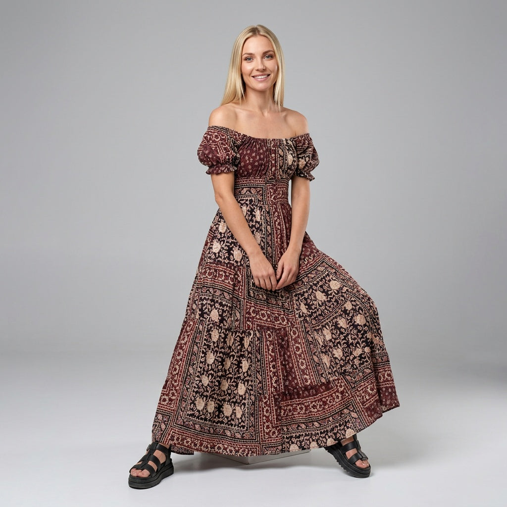 Professional e-commerce fashion photography — create a realistic product-on-model shot using the provided reference images. You are given 2 images: image 1 = product reference, image 2 = model reference. Dress the model from the second image in the product from the first image. The product must be physically placed on the model's body — worn naturally with correct fit, draping, and proportions as it would appear in real life. The product is the hero of the shot and must be clearly visible, prominently displ