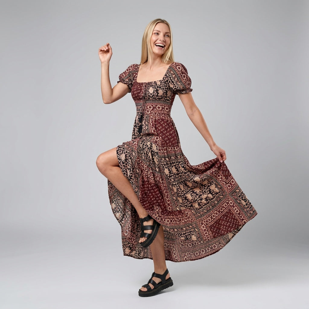 Professional e-commerce fashion photography — create a realistic product-on-model shot using the provided reference images. You are given 2 images: image 1 = product reference, image 2 = model reference. Dress the model from the second image in the product from the first image. The product must be physically placed on the model's body — worn naturally with correct fit, draping, and proportions as it would appear in real life. The product is the hero of the shot and must be clearly visible, prominently displ
